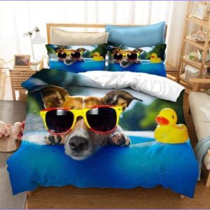 Duvet cover dog at the pool