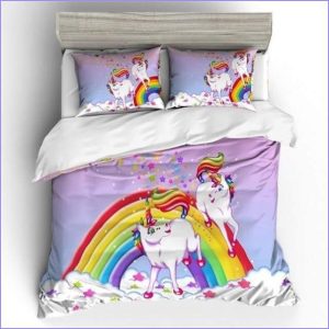 Unicorned duvet cover playing under a rainbow