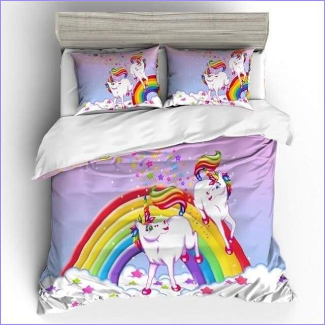 Unicorned duvet cover playing under a rainbow