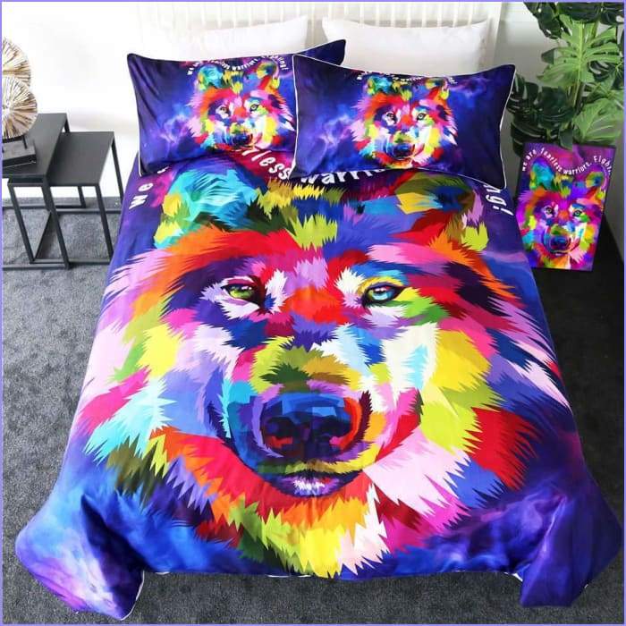 Multicolored wolf head duvet cover